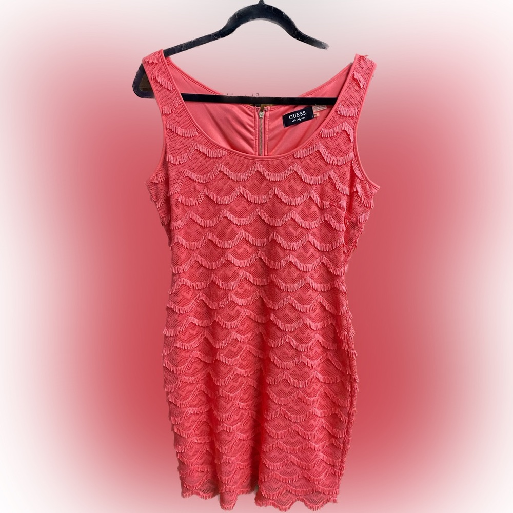Guess Coral Scalloped Fringe Cocktail Dress